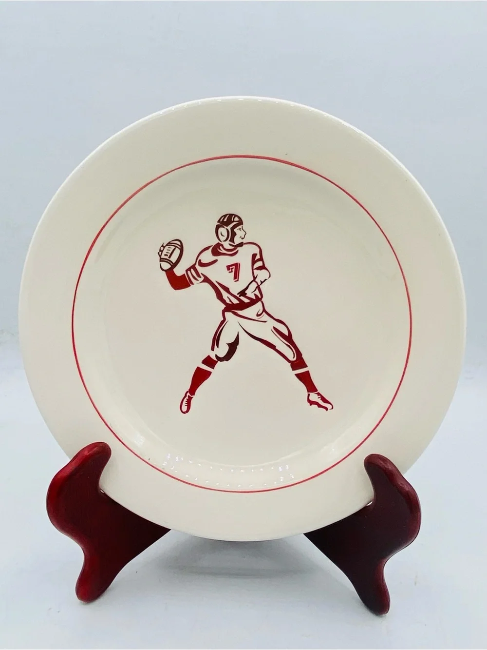 Vintage Williams Sonoma 4 Ceramic Plate  Red Football Player Snack Desert Salad